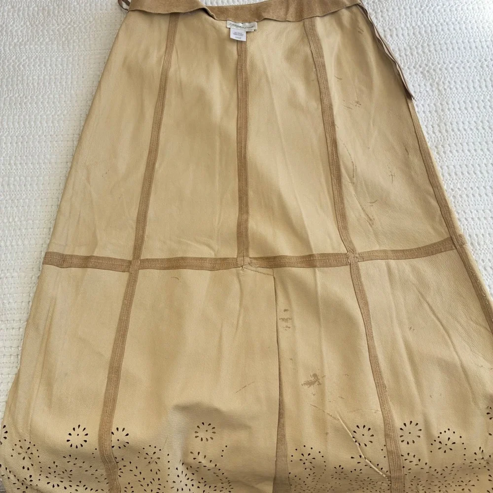 Coldwater Creek Suede Midi‎ Skirt Tan Laser Cut Romantic Western Women 12P